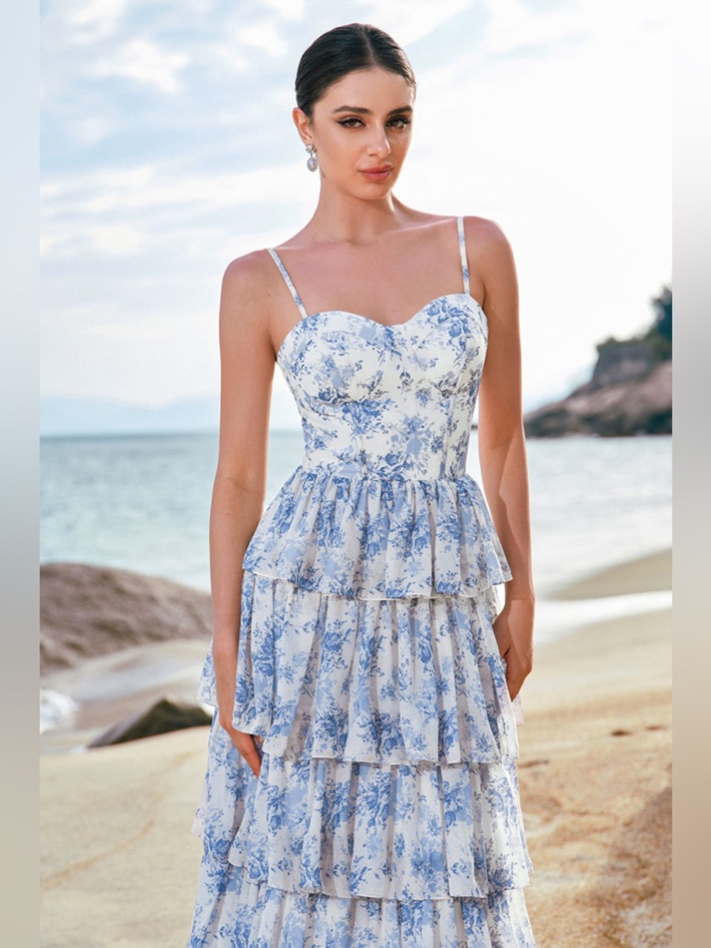Romantic Blue Floral Tiered Maxi Dress with Spaghetti Straps - Picture 4 of 9